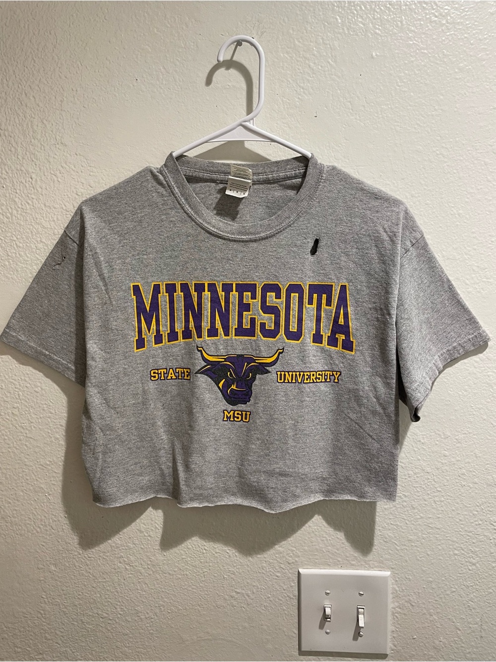 Custom Cropped Distressed Minnesota State Mavericks Tee Gray Purple Gold MSU